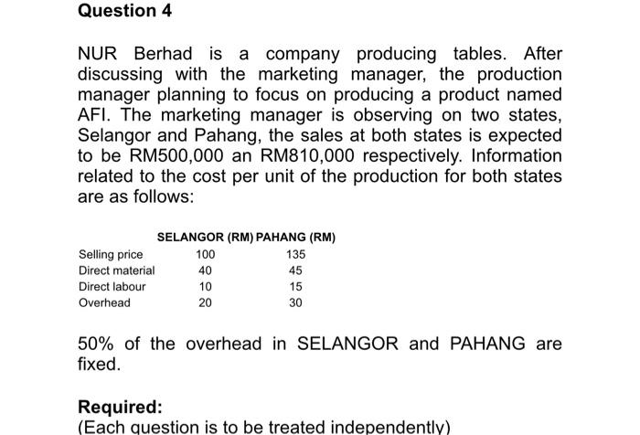 Question 4 Nur Berhad Is A Company Producing Tables After Discussing With The Marketing Manager The Production Manager 1