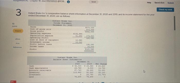 55ment Chapter 16 Due 0323202201159 Sved Help Save Exit Submit Check My Work 3 Instant Brake Inc S Comparative Balanc 1