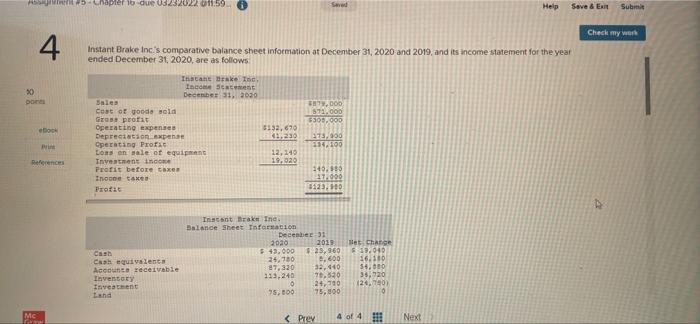 Chapter Due 03232022 011 59 Swed Help Save En Sum Check My Work 4 Instant Brake Inc S Comparative Balance Sheet Infor 1