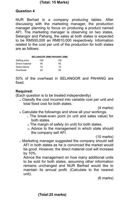 Total 15 Marks Question 4 Nur Berhad Is A Company Producing Tables After Discussing With The Marketing Manager The 1
