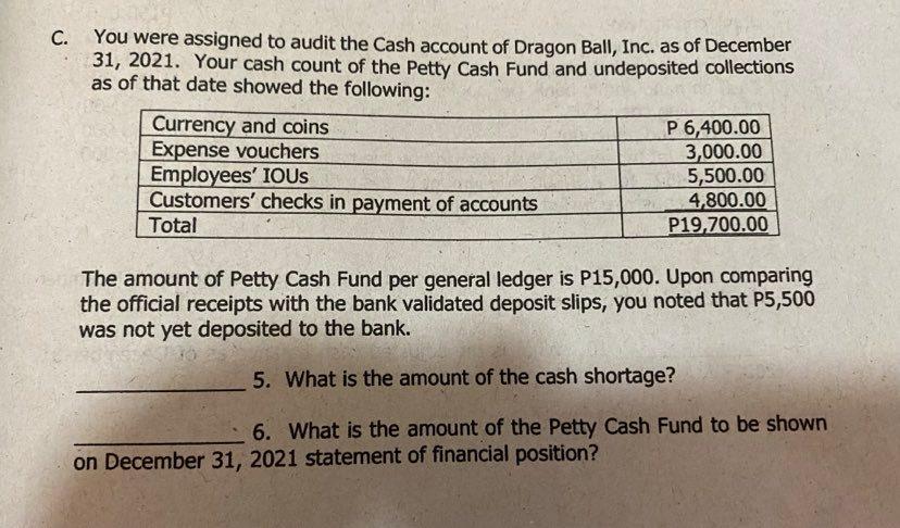 C You Were Assigned To Audit The Cash Account Of Dragon Ball Inc As Of December 31 2021 Your Cash Count Of The Pett 1