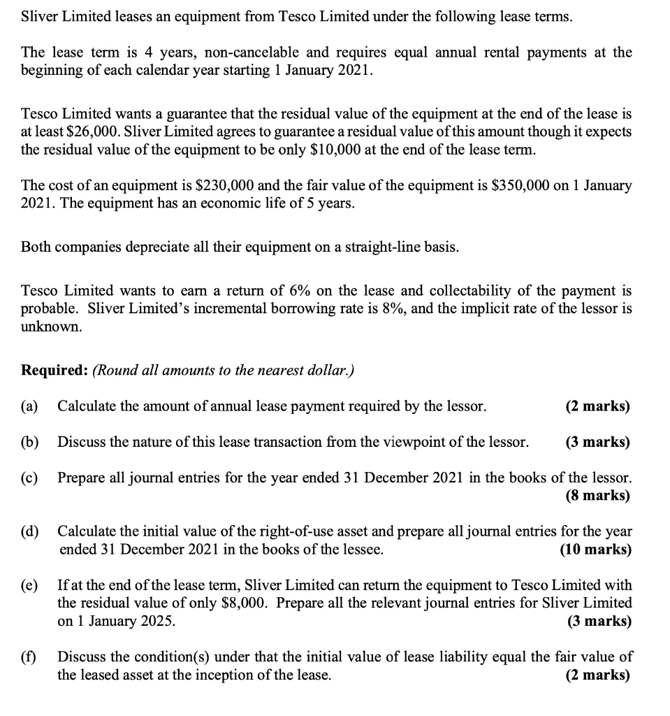 Sliver Limited Leases An Equipment From Tesco Limited Under The Following Lease Terms The Lease Term Is 4 Years Non Ca 1