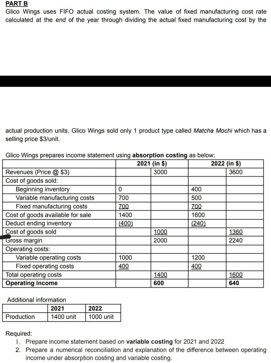 Part B Glico Wings Uses Fifo Actual Costing System The Value Of Fixed Manufacturing Cost Rate Calculated At The End Of 1
