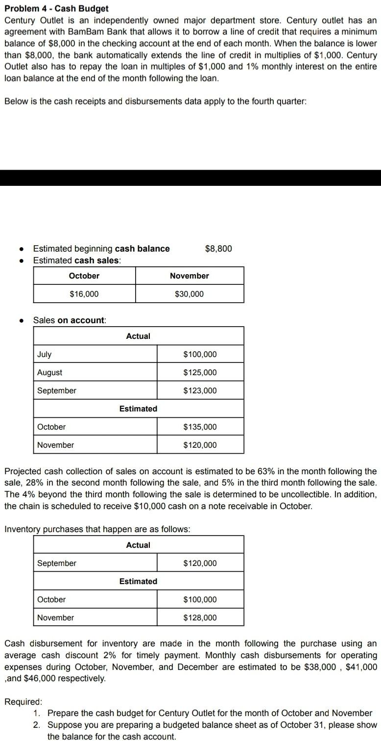 Problem 4 Cash Budget Century Outlet Is An Independently Owned Major Department Store Century Outlet Has An Agreement 1