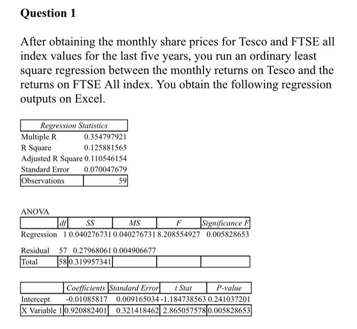 Question 1 After Obtaining The Monthly Share Prices For Tesco And Ftse All Index Values For The Last Five Years You Run 1