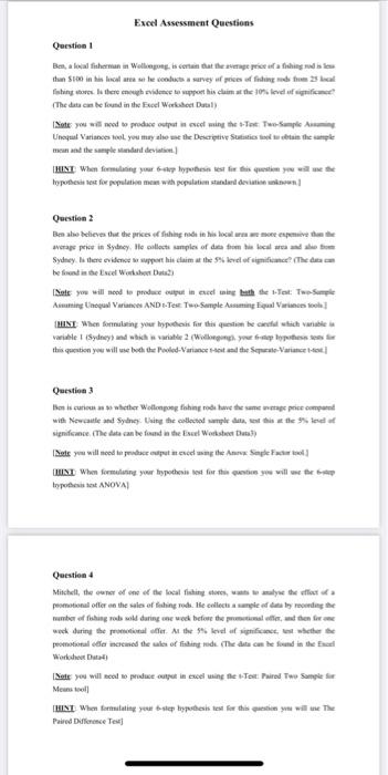 Excel Assessment Questions Question Ben A Local Fisherman In Wolliepoeg Is Certain That The Age Price La Lingua Un In 1