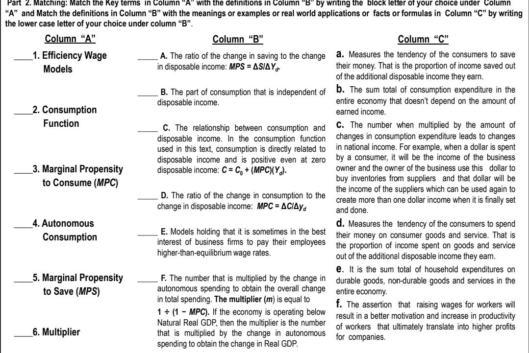 Part 2 Matching Match The Key Terms In Column A With The Definitions In Column B By Writing The Block Letter Of Yo 1