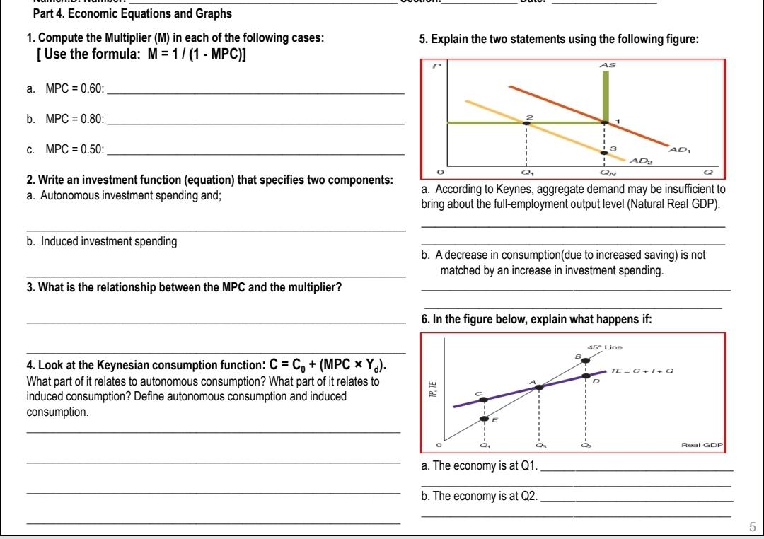 Part 4 Economic Equations And Graphs 1 Compute The Multiplier M In Each Of The Following Cases Use The Formula M 1
