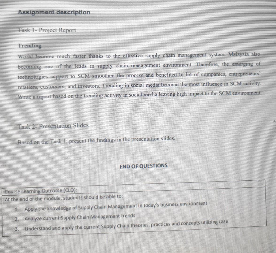 Assignment Description Task 1 Project Report Trending World Become Much Faster Thanks To The Effective Supply Chain Ma 1
