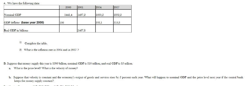 A We Have The Following Data 2000 2001 2004 2007 Nominal Gdp 1441 4 1497 2 1660 2 1892 2 Gdp Deflator Base Year 2000 1