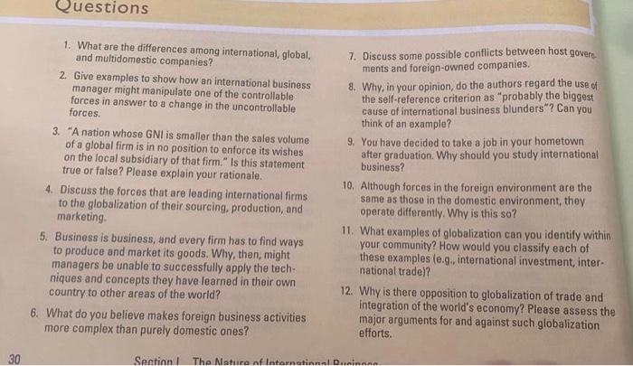 Questions 1 What Are The Differences Among International Global And Multidomestic Companies 2 Give Examples To Show 1