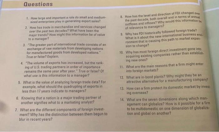 Questions 1 How Large And Important A Role Do Small And Medium Sized Enterprises Play In Generating Export Sales 2 H 1