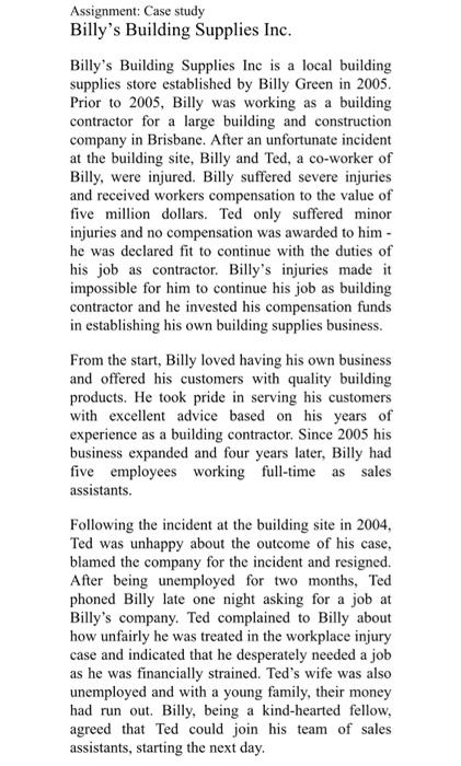 This Assignment Is Based On The Billy S Building Supplies Inc Case Study And Is Designed To Assess Your Level Of Achiev 2