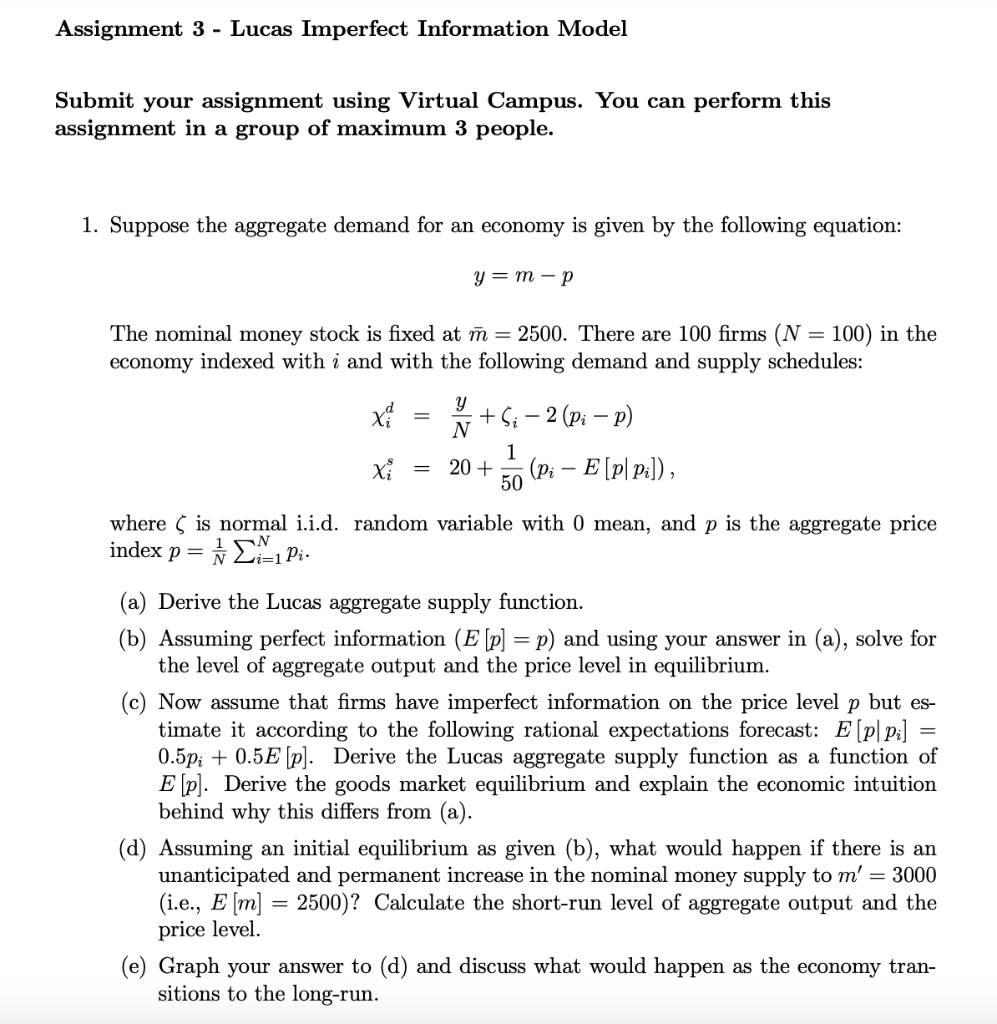 Assignment 3 Lucas Imperfect Information Model Submit Your Assignment Using Virtual Campus You Can Perform This Assig 1