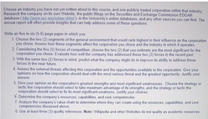 Choose An Industry You Have Not Yet Written About In This Course And One Publicly Traded Corporation Within That Indust 1