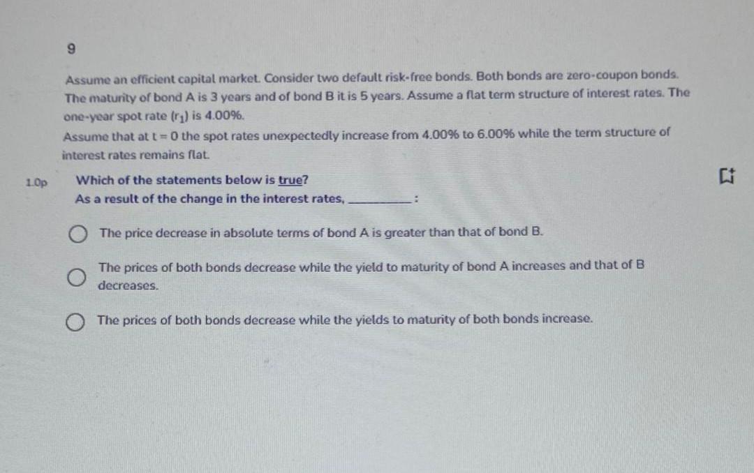 9 Assume An Efficient Capital Market Consider Two Default Risk Free Bonds Both Bonds Are Zero Coupon Bonds The Maturit 1