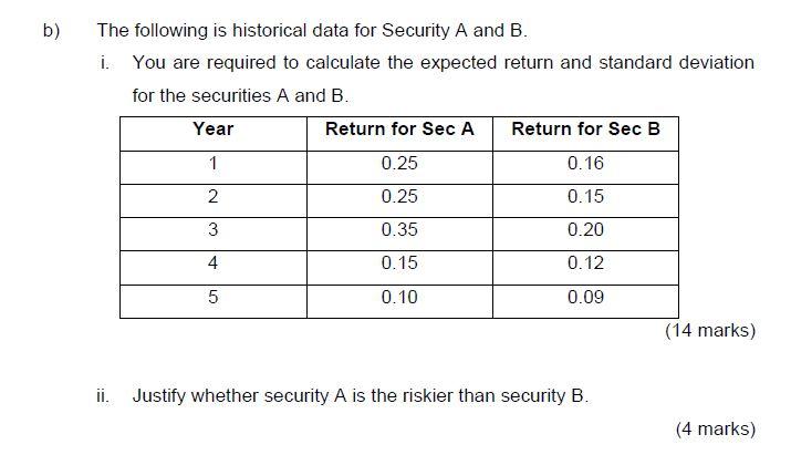 B The Following Is Historical Data For Security A And B I You Are Required To Calculate The Expected Return And Stand 1