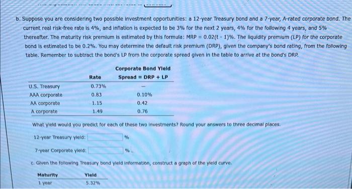 B Suppose You Are Considering Two Possible Investment Opportunities A 12 Year Treasury Bond And A 7 Year A Rated Corp 1