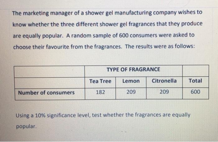 The Marketing Manager Of A Shower Gel Manufacturing Company Wishes To Know Whether The Three Different Shower Gel Fragra 1