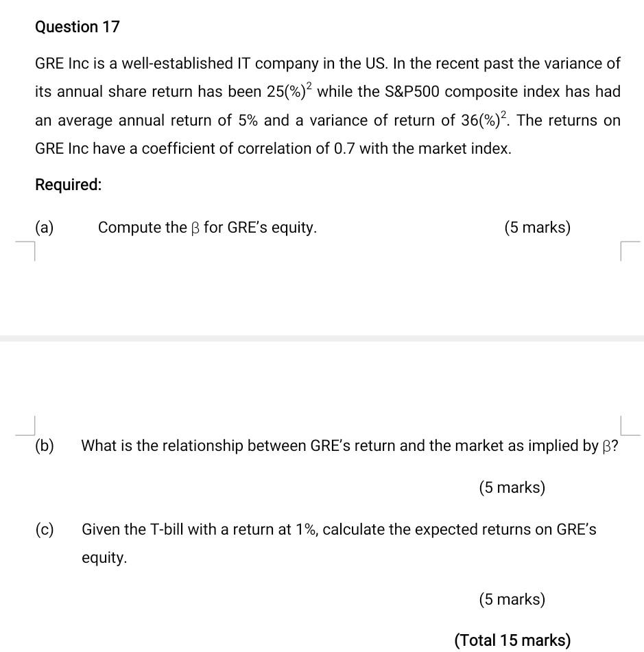 Question 17 Gre Inc Is A Well Established It Company In The Us In The Recent Past The Variance Of Its Annual Share Retu 1