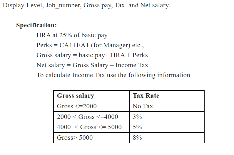 display-level-job-number-gross-pay-tax-and-net-salary-specification