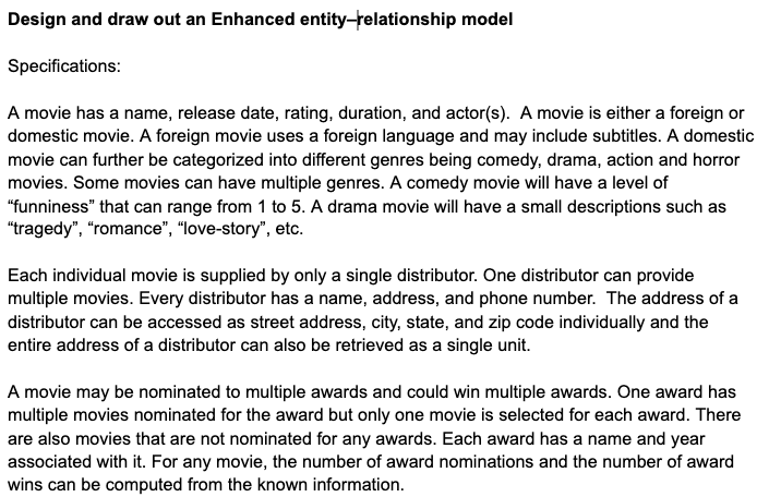 Design And Draw Out An Enhanced Entity Relationship Model Specifications A Movie Has A Name Release Date Rating Dura 1