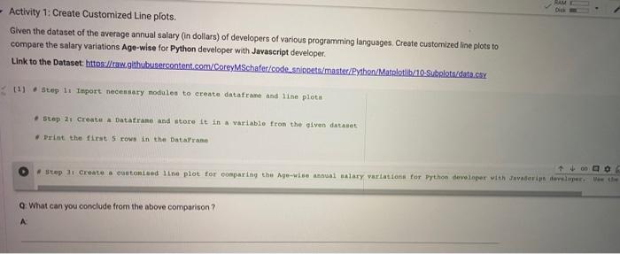 Ram Ik Activity 1 Create Customized Line Plots Given The Dataset Of The Average Annual Salary In Dollars Of Develo 1