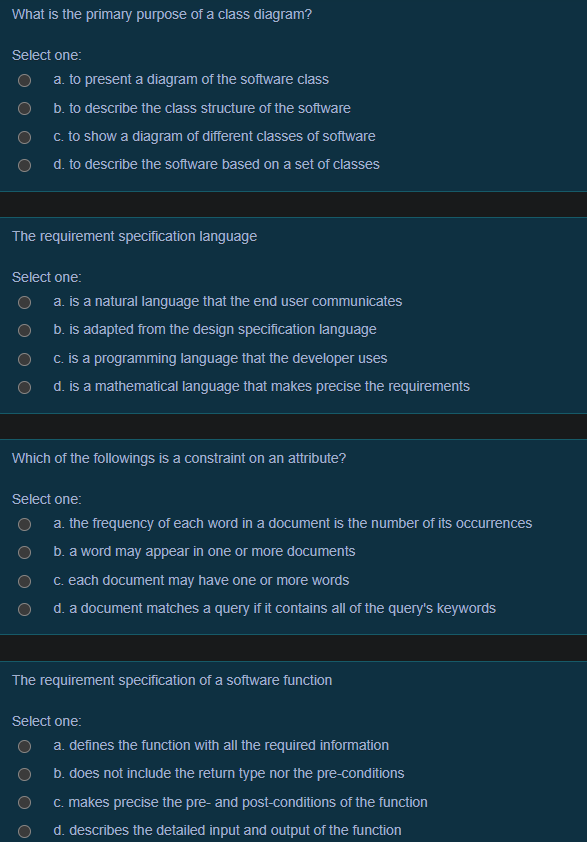 What Is The Primary Purpose Of A Class Diagram Select One A To Present A Diagram Of The Software Class B To Describe 1