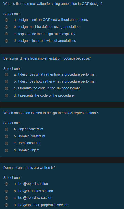 What Is The Main Motivation For Using Annotation In Oop Design Select One A Design Is Not An Oop One Without Annotatio 1