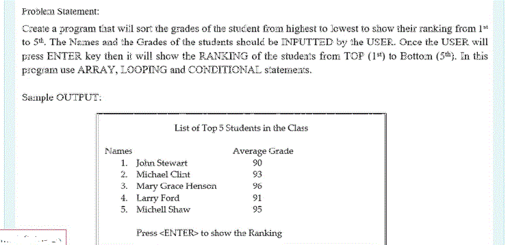 Problem Statement Create A Program That Will Sort The Grades Of The Student From Highest To Lowest To Show Their Rankin 1