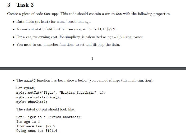 3 Task 3 Create A Piece Of Code Cat Cpp This Code Should Contain A Struct Cat With The Following Properties Data Fie 1