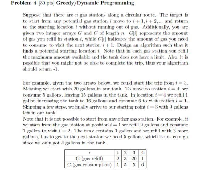Problem 4 30 Pts Greedy Dynamic Programming Suppose That There Are N Gas Stations Along A Circular Route The Target I 1