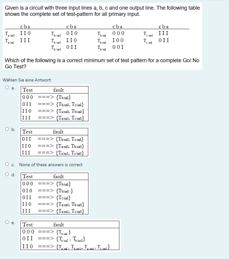 Given Is A Circuit With Three Input Lines A B C And One Output Line The Following Table Shows The Complete Set Of Tes 1