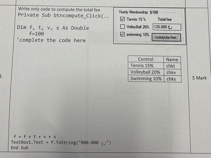 Write Only Code To Compute The Total Fee Private Sub Btncompute Click Dim F T V S As Double F 100 Complete The Cod 1