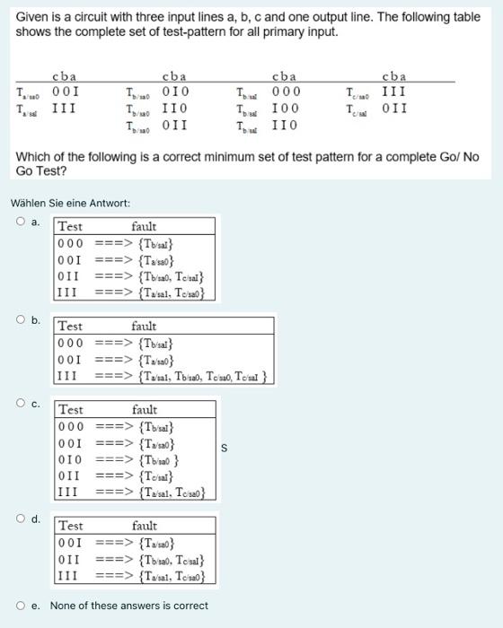 Given Is A Circuit With Three Input Lines A B C And One Output Line The Following Table Shows The Complete Set Of Tes 1