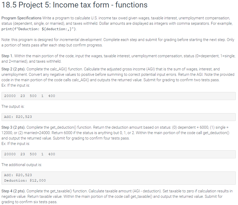 18 5 Project 5 Income Tax Form Functions Program Specifications Write A Program To Calculate U S Income Tax Owed Giv 1