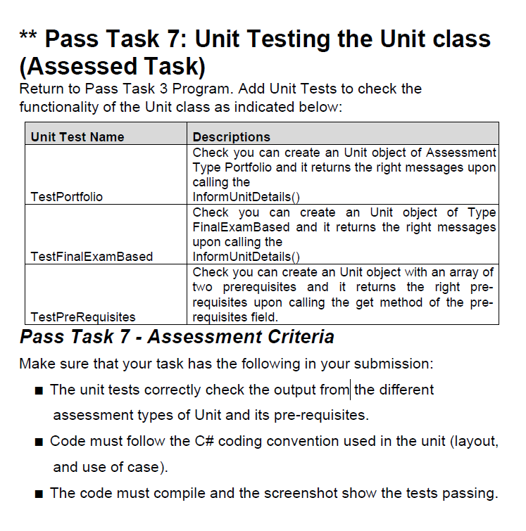 Pass Task 7 Unit Testing The Unit Class Assessed Task Return To Pass Task 3 Program Add Unit Tests To Check The F 1