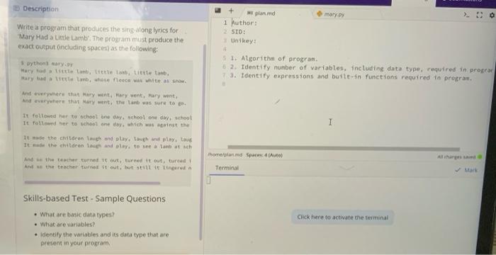 Description Mary Py Write A Program That Produces The Sing Along Lyrics For Mary Had A Little Lamb The Program Must P 1