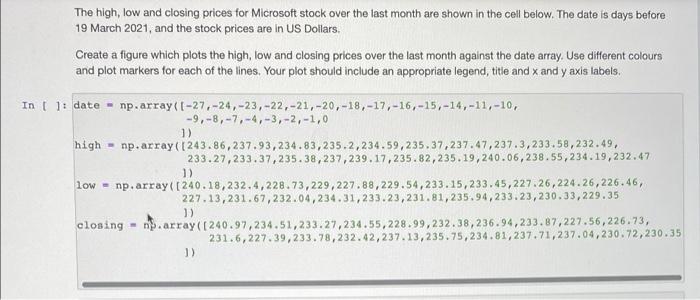 The High Low And Closing Prices For Microsoft Stock Over The Last Month Are Shown In The Cell Below The Date Is Days B 1