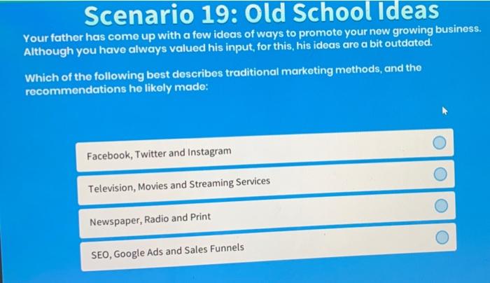 Scenario 19 Old School Ideas Your Father Has Come Up With A Few Ideas Of Ways To Promote Your New Growing Business Alt 1