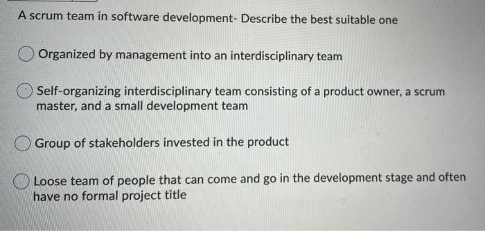 A Scrum Team In Software Development Describe The Best Suitable One Organized By Management Into An Interdisciplinary T 1