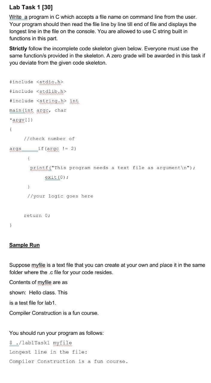 Lab Task 1 30 Write A Program In C Which Accepts A File Name On Command Line From The User Your Program Should Then R 1