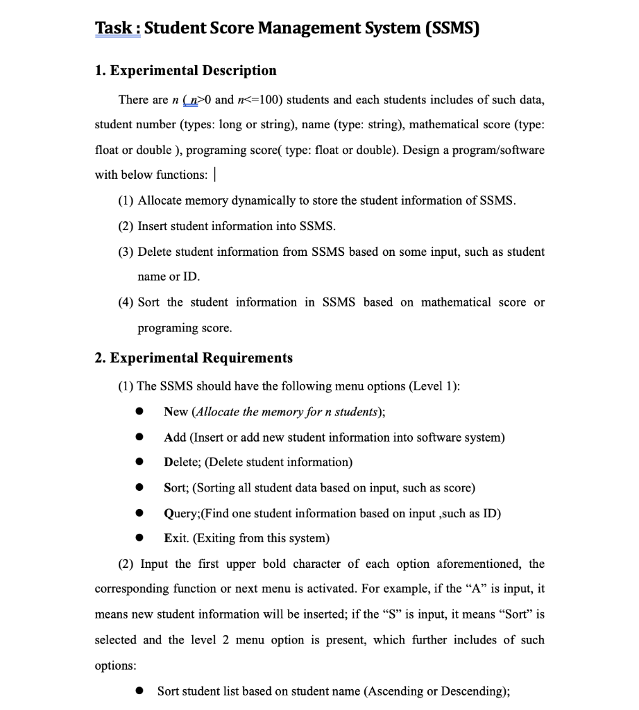 Task Student Score Management System Ssms 1 Experimental Description There Are N N 0 And N 100 Students And Each 1
