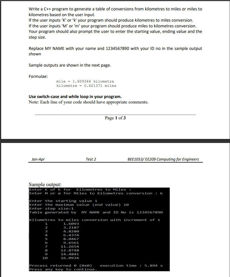 Write A C Program To Generate A Table Of Conversions From Kilometres To Miles Or Miles To Kilometres Based On The User 1