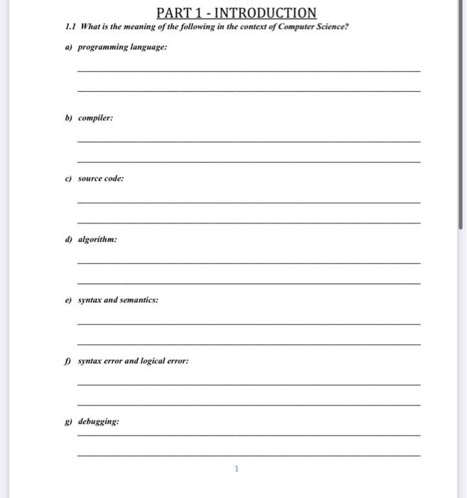 Part 1 Introduction 1 1 What Is The Meaning Of The Following In The Context Of Computer Science A Programming Langua 1