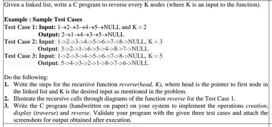 Given A Linked List Write A C Program To Reverse Every K Nodes Where K Is An Input To The Function Example Sample 1