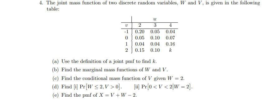 4 The Joint Mass Function Of Two Discrete Random Variables W And V Is Given In The Following Table 1 0 1 2 2 3 0 20 1