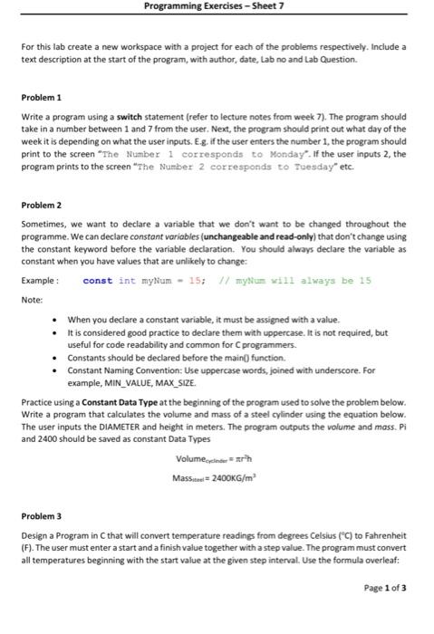 Programming Exercises Sheet 7 For This Lab Create A New Workspace With A Project For Each Of The Problems Respectively 1