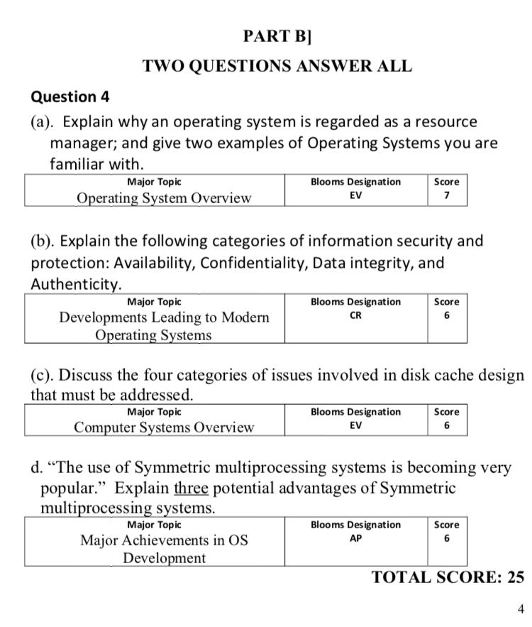 Part B Two Questions Answer All Question 4 A Explain Why An Operating System Is Regarded As A Resource Manager And 1