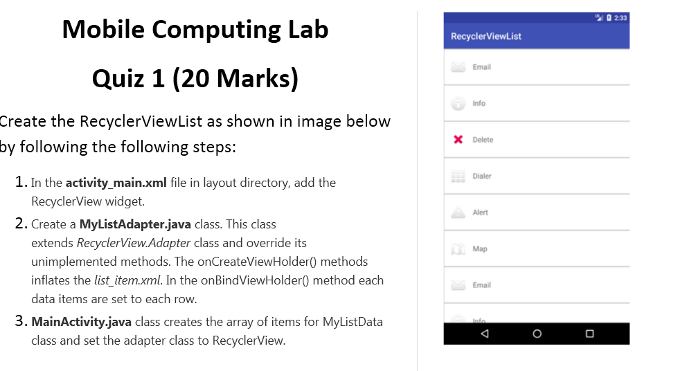 02 33 Recyclerviewlist Mobile Computing Lab Quiz 1 20 Marks Email Info Create The Recyclerviewlist As Shown In Image B 1